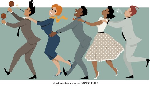 Diverse group of people dressed in late 1950s early 1960s fashion dancing conga with maracas and party whistle, vector illustration, no transparencies, EPS 8