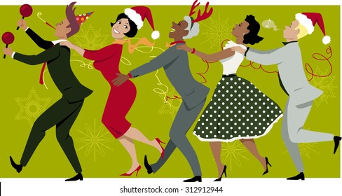 Diverse group of people dressed in vintage fashion and Christmas hats dancing Conga line, snowflakes and streamers on the background, EPS 8