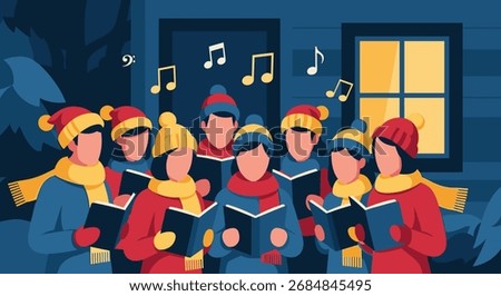 A diverse group of people dressed in winter clothing singing carols from books outside a house at night.