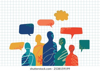 A diverse group of people, each of whom has their own unique point of view and wants to say something. Colorful speech bubbles represent a variety of ideas and opinions.