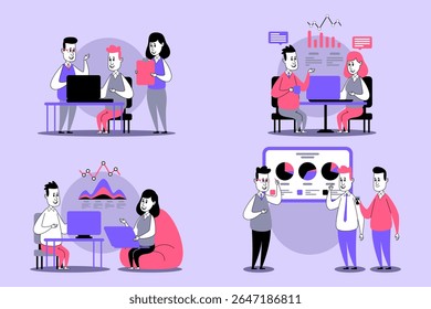 Diverse group of people engaged in various collaborative activities in modern workspace. People using digital devices and discussing ideas. Teamwork and productivity concept