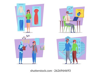 Diverse group of people engaged in virtual shopping and digital collaboration. People exploring clothing options, analyzing data, and interacting with technology in various settings