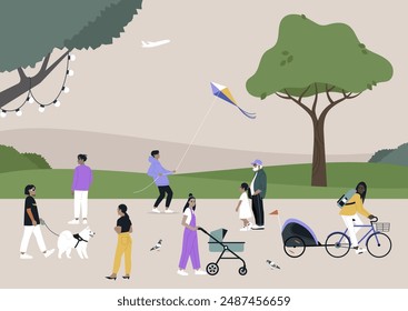 A diverse group of people enjoy a sunny day in the park, with activities like flying a kite, walking their dog, and pushing a stroller