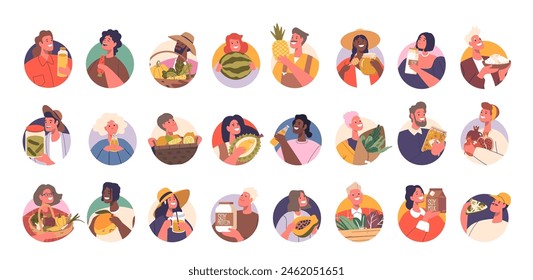 Diverse Group Of People Enjoying Different Types Of Healthy Food. Characters Happily Engaging With Fruits, Vegetables