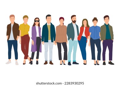 The diverse group of people, entrepreneurs, or office workers isolated on white background. Multinational company. Flat cartoon vector illustration.