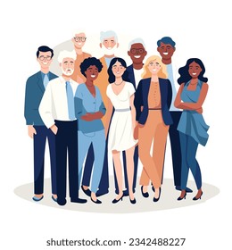 The diverse group of people, entrepreneurs, or office workers isolated on white background. Old and young men and women standing and smiling together. Flat cartoon vector illustration.