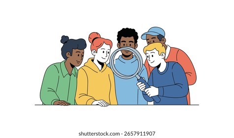 Grupo diverso de Personas que examinan algo estrechamente juntos