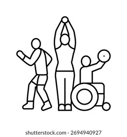 diverse group people exercising line icon vector. diverse group people exercising sign. isolated contour symbol black illustration