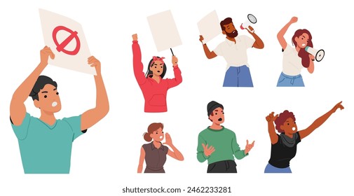 Diverse Group Of People Express Themselves Through Protest Signs And Body Language. Some Shout, Others Raise Their Fists. Cartoon Vector Illustrations Capture The Energy And Unity Of Collective Action