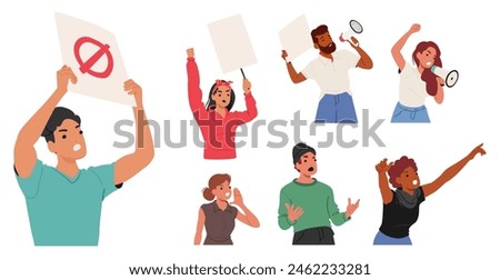 Diverse Group Of People Express Themselves Through Protest Signs And Body Language. Some Shout, Others Raise Their Fists. Cartoon Vector Illustrations Capture The Energy And Unity Of Collective Action