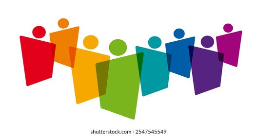 Diverse group of people forming a strong and united community, symbolizing teamwork, collaboration, and social connection. Abstract geometric shapes