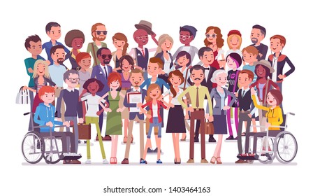 Diverse group of people full length portrait. Members of different nations, various age, sex, health, social class, standing together. Vector flat style cartoon illustration isolated, white background