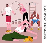 Diverse group of people in a gym setting performing various exercises with equipment. Includes activities like stretching, jumping rope, and bodyweight exercises in a vector illustration.