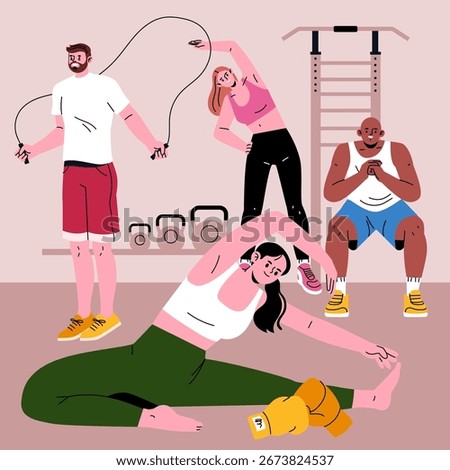 Diverse group of people in a gym setting performing various exercises with equipment. Includes activities like stretching, jumping rope, and bodyweight exercises in a vector illustration.