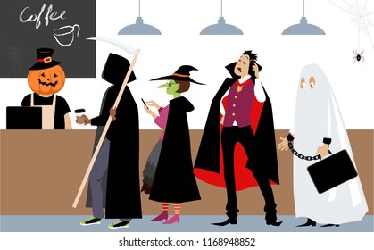 Diverse group of people in Halloween costumes  standing in line to a cash register in a coffee shop, EPS 8 vector illustration