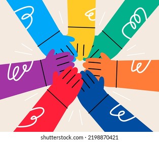 Diverse group of people hands laying together concept of community, support. Colorful vector illustration
