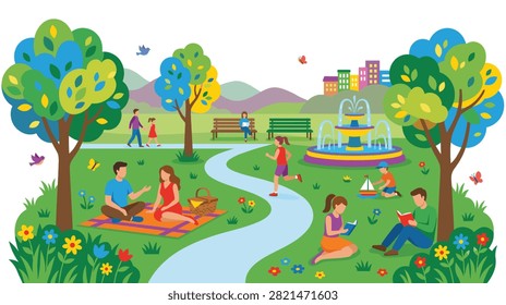 Diverse group of people having picnic in a green park setting. Includes trees fountain and distant city buildings. Family leisure time.