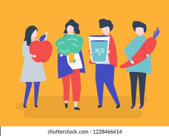 Diverse group of people and healthy food concept illustration