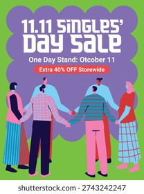 Diverse group of people holding hands in a circle to celebrate a Singles Day sale with 40% off storewide