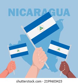 Verschiedene Gruppen von Leuten, die Nicaragua Flaggen halten. Unabhängigkeitstag-Fest-Konzept. Verschiedene Menschen feiern Unabhängigkeit mit ihren Händen hoch Fahnen aus nicaragua.