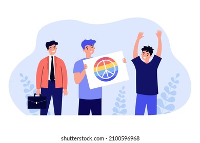 Diverse group of people holding rainbow peace sign. Community of people on gay parade flat vector illustration. Diversity, LGBTQ, freedom concept for banner, website design or landing web page