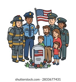 A diverse group of people including first responders and civilians gather around a memorial headstone with an American flag.