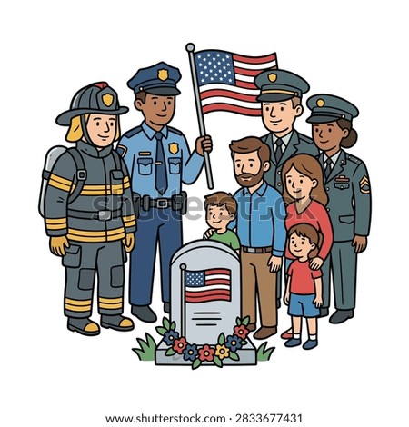 A diverse group of people including first responders and civilians gather around a memorial headstone with an American flag.