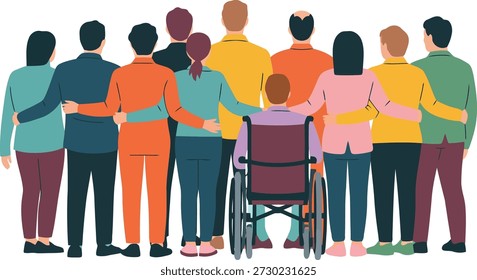 A diverse group of people, including one in a wheelchair, stand united with arms around each other, viewed from the back.