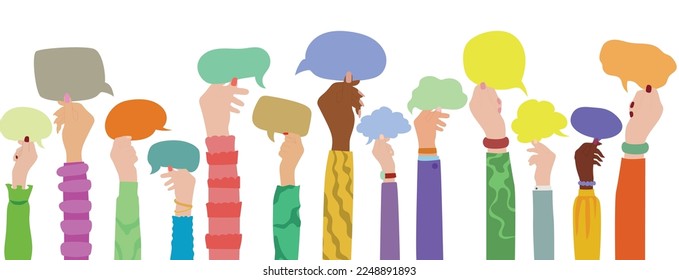 A diverse group of people interacting with each other. Holding a speech bubble in the hands. Flat Vector illustration