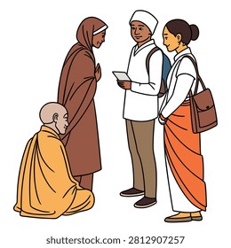 A diverse group of people interacting in a peaceful setting, featuring a monk sitting and others standing in respectful conversation.