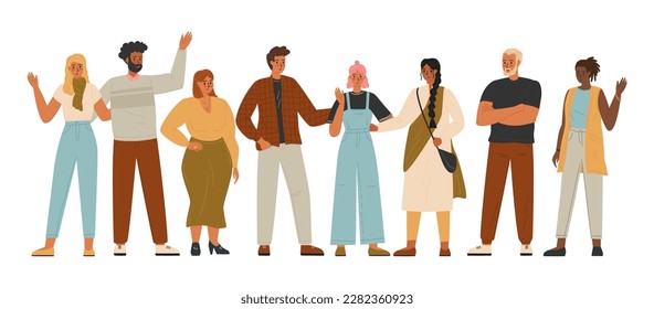 Diverso grupo de personas aisladas en fondo blanco, ilustración vectorial. Personas de diferentes razas y naciones, hombres y mujeres juntos. Comunidad multiétnica y multicultural