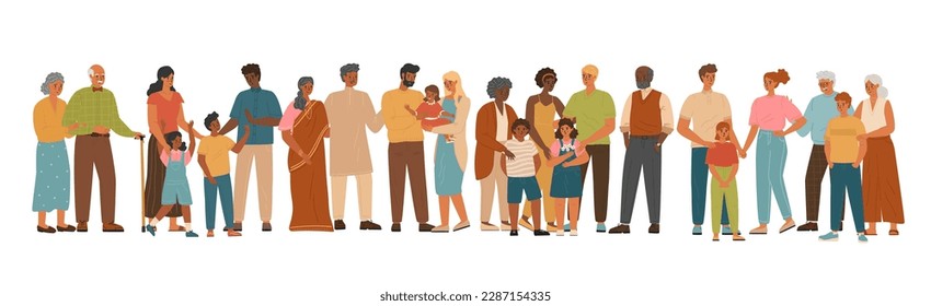 Diverse group of people isolated on white background, vector illustration. People of different race and nations standing together. Multiethnic and multicultural community. Multiracial family