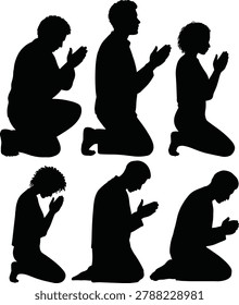 Diverse group of people kneeling in prayer and worship, collection of black silhouettes isolated on white background.eps
