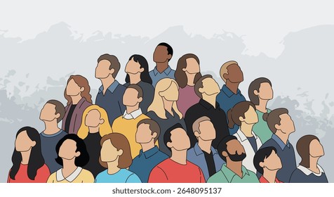 Diverse Group of People Looking Upwards Towards the Sky in a Crowd Illustration