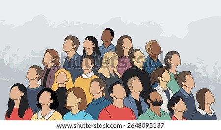 Diverse Group of People Looking Upwards Towards the Sky in a Crowd Illustration