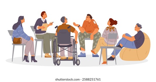 Diverse group of people with man psychologist on group therapy session flat vector illustration isolated on white. Man sharing his problems with  people.