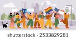 Diverse group of people marching in peaceful protest on city street. Carton flat vector illustration of men and women holding flags, blank signs, and books or notepads. Unity and activism concept.
