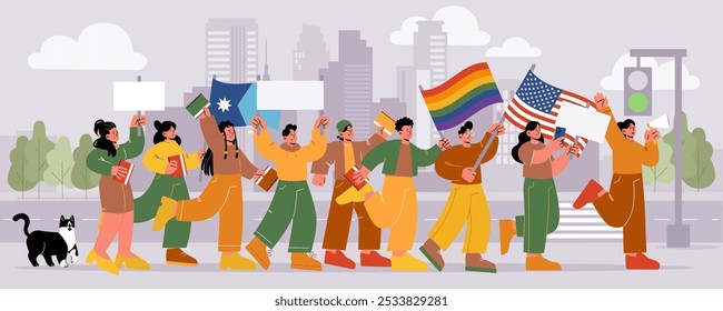 Diverse group of people marching in peaceful protest on city street. Carton flat vector illustration of men and women holding flags, blank signs, and books or notepads. Unity and activism concept.