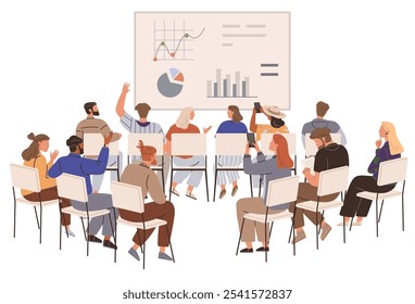 A diverse group of people in a meeting room sitting on chairs engaging in a presentation. Charts and graphs are displayed on a large screen. Ideal for business, education, teamwork, training