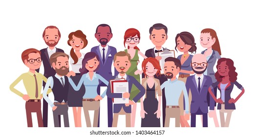 Diverse group of people. Members of different nations, various age, sex, jobs standing together for common work, social interaction. Vector flat style cartoon illustration isolated on white background