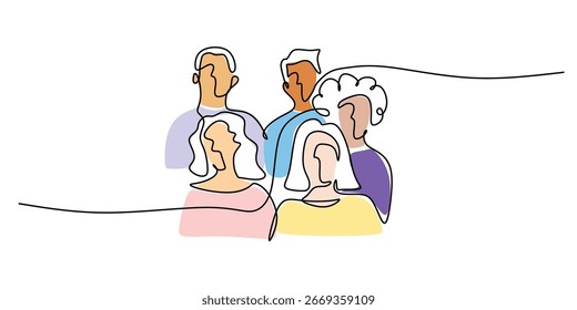 Verschiedene Gruppe von Menschen, eine einzige Linie Kunstzeichnung. Minimalistische Illustration steht für Gemeinschaft, Teamwork, Freundschaft und Zusammenarbeit. Kontinuierliche Linien-Avatare-Symbole.