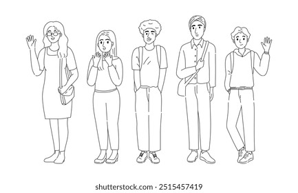 Diverse group of people in outline drawing, Full body young adult.