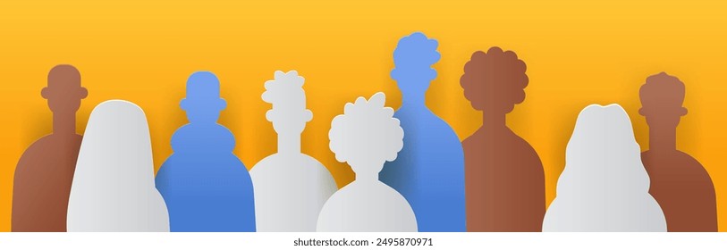 Diverse group of people paper cut style silhouettes in various colors on yellow background