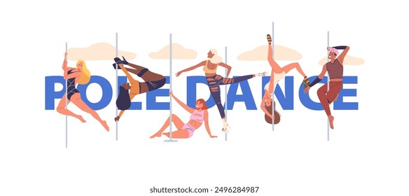 Diverse Group Of People Performing Various Pole Dance Moves. Poster, Banner Or Flyer Showcases Different Body Types