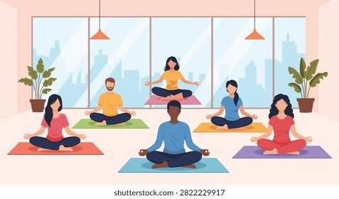 Diverse group of people practices yoga on mats inside a modern studio overlooking a panoramic city skyline.