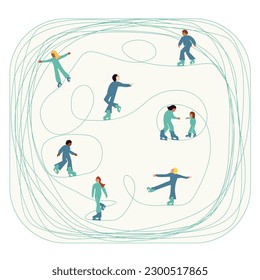 Diverse group of people practicing figure skating, having fun and getting connected by the trail they are making on ice