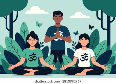 Diverse group of people practicing meditation and mindfulness yoga together in a serene green forest setting.