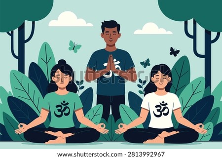 Diverse group of people practicing meditation and mindfulness yoga together in a serene green forest setting.