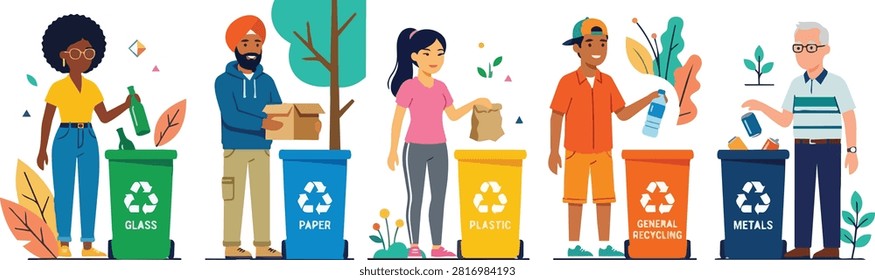 Diverse group of people practicing waste segregation and recycling in colorful bins for environmental protection
