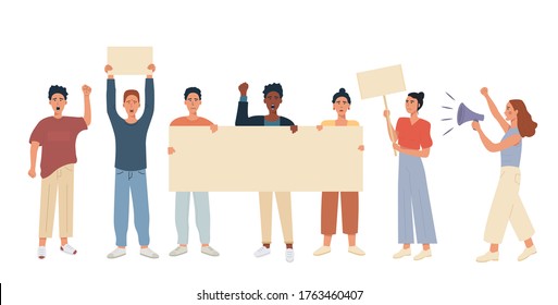 Diverse group of people protesting on the street. Male and female mix race multiethnic protesters holding blank placard banner, raised hand fist up and speaking in megaphone. Vector flat illustration.